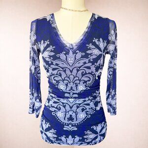Y2K INC Blue Floral Semi-Sheer Long Sleeve Top